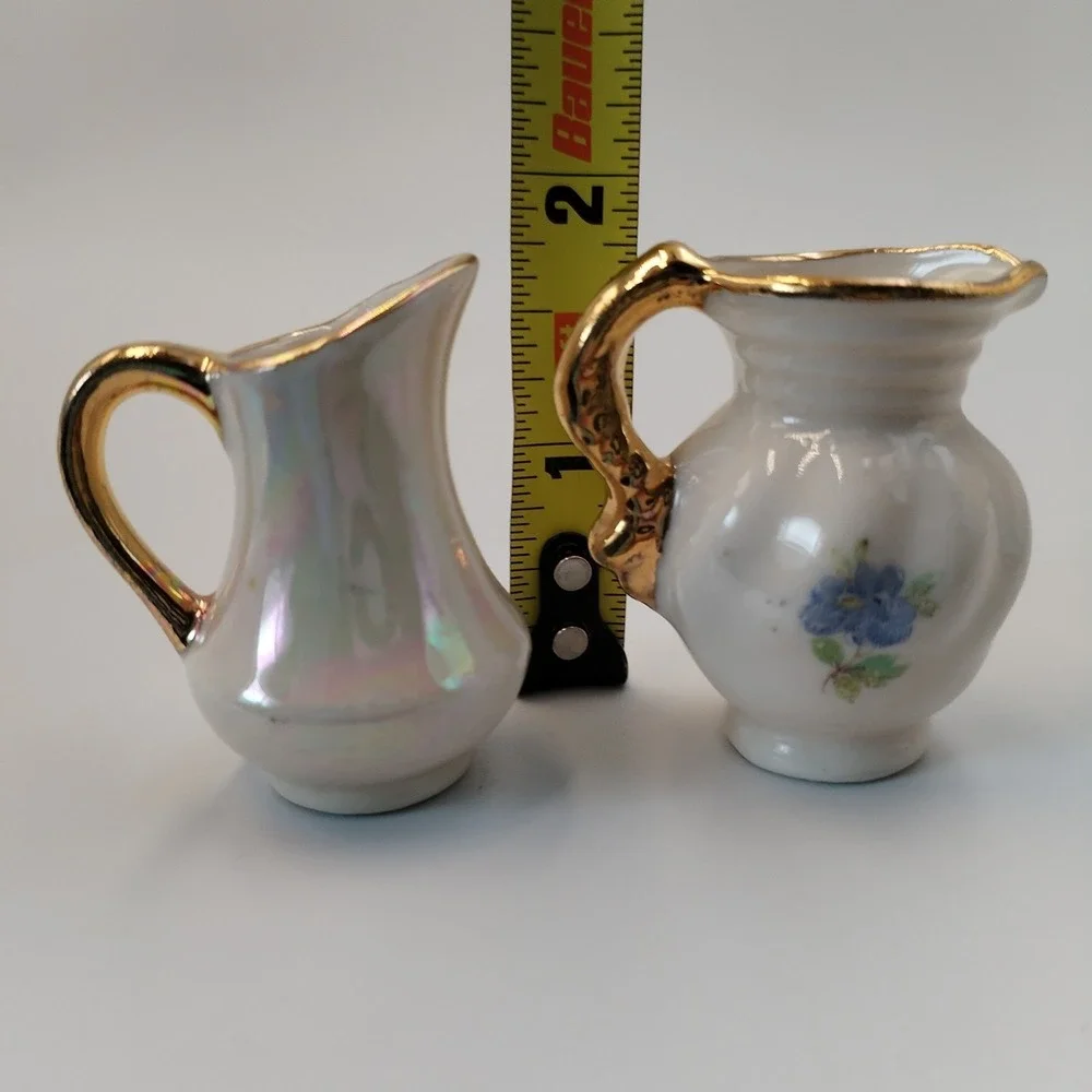 Vintage Miniature Porcelain Pitchers Set‎ of 2 Lusterware Floral Gold Handle 2